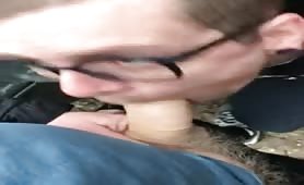 Cocksucker blowing 2 straight cocks outside in parking lot