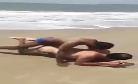 Mature fucked by the beach by two young straight local
