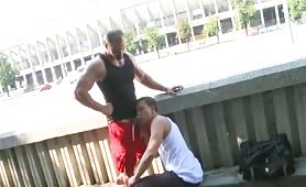 bodybuilder getting a blowjob in public