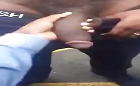  I pay a security guard to touch his huge cock in the parking lot