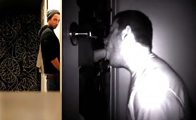 Anon straight guy getting a blowjob through glory hole 